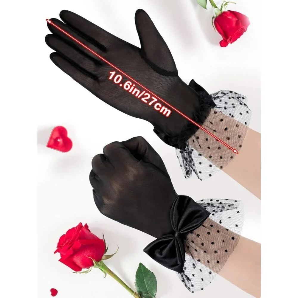 Women's Short Black Bow Lace Gloves Tea Party Elegant Opera Wedding Accessories